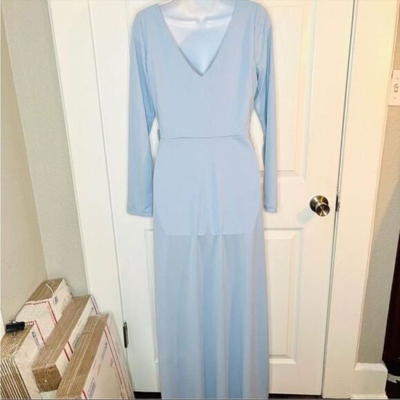 WAYF Long Sleeve Faux Wrap Surplice Front Dress Rosette Powder Blue M NWT - Picture 6 of 12